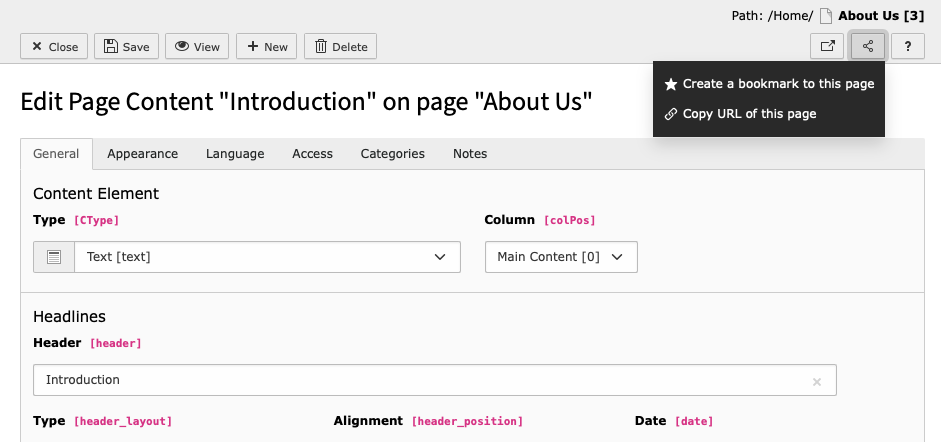 Creating a share link to a content element