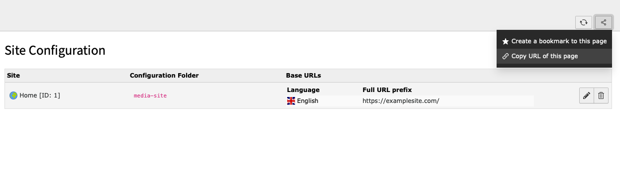 Creating a link to the backend Sites module