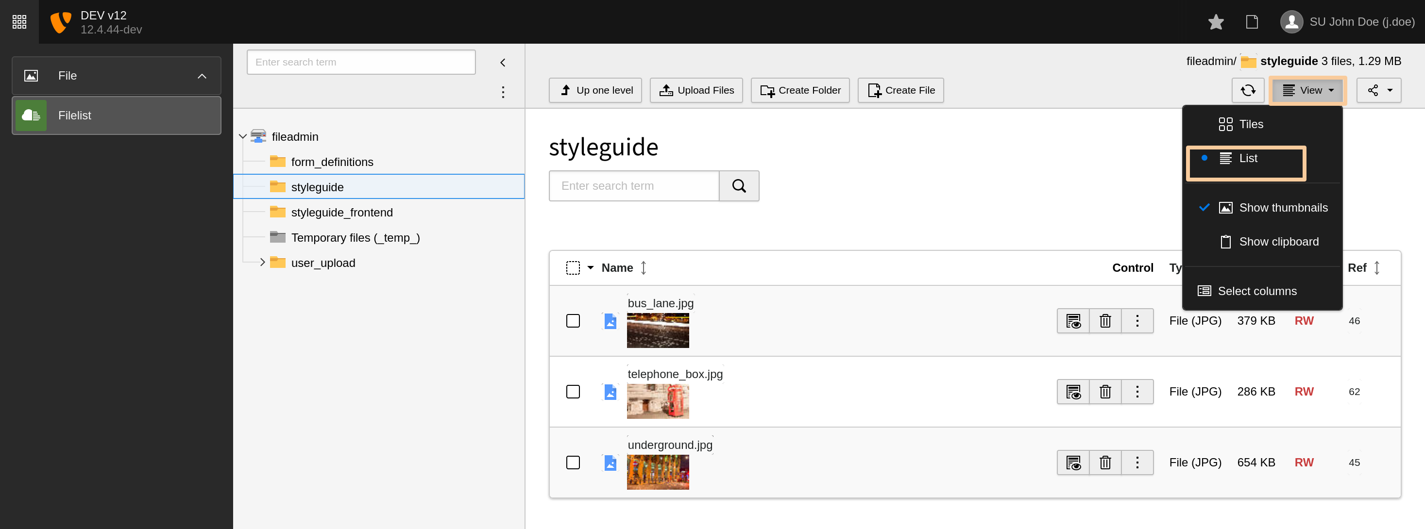 View to the Media Module listing three image files as list, the view selector is open showing the activated list view option as well as the deselected clipboard option. Accordingly, the image does not contain a clipboard.