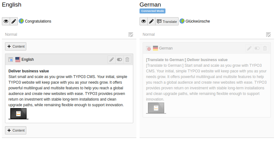 A newly created content element translation