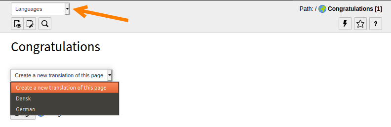 The "Languages" view of the Page module