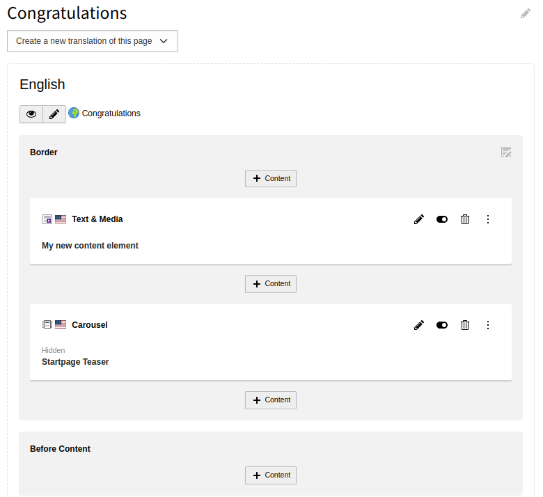 The new content element appears in the Page module