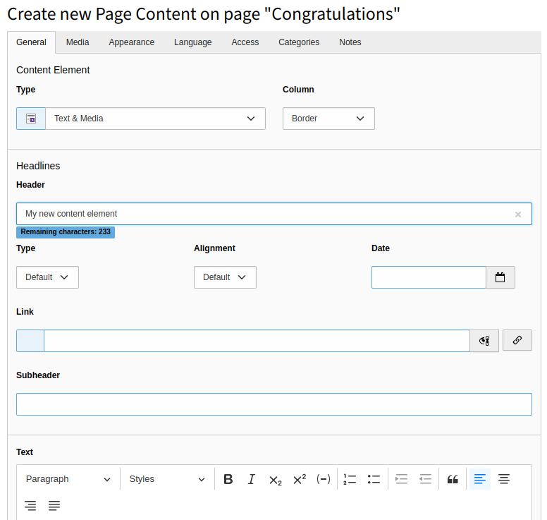 Empty input form for a Text & Media content element