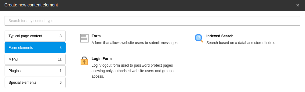 The 'Form elements' tab of the new content element window