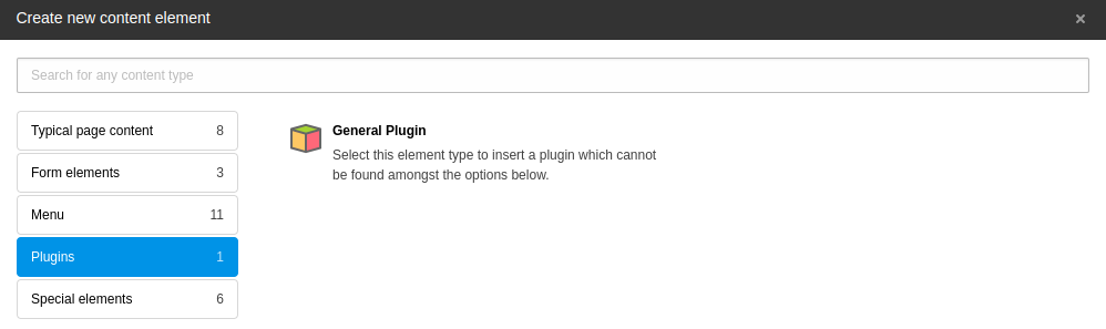 The 'Plugins' tab of the new content element window
