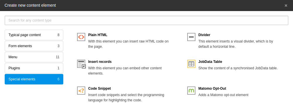 The 'Special elements' tab of the new content element window