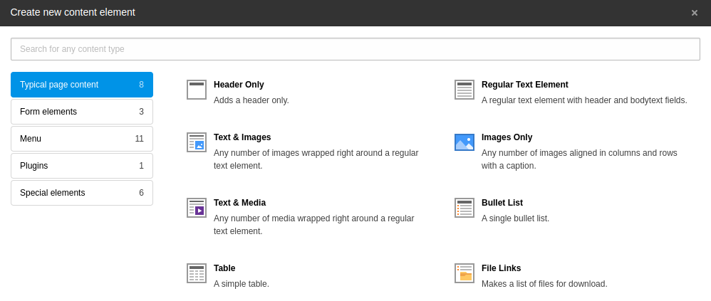 The 'Typical page content' tab of the new content element window