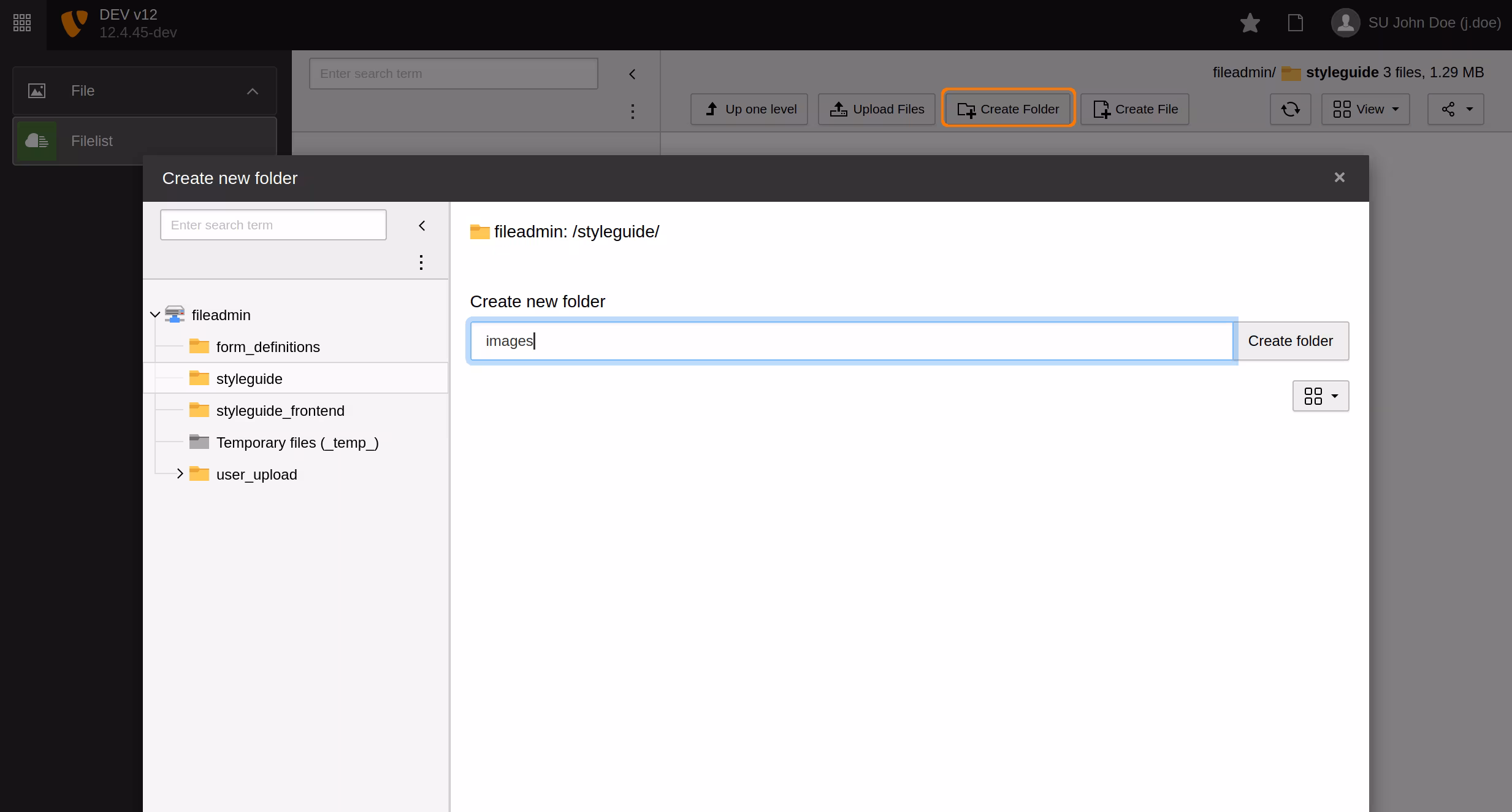 A section of TYPO3 Filelist Module open and overlayed with the module dialog for creating new folders. The overlay displays the folder tree, one of the folders there is selected as the parent for the new folder. Right frame displays the input form field for the name of the new folder.