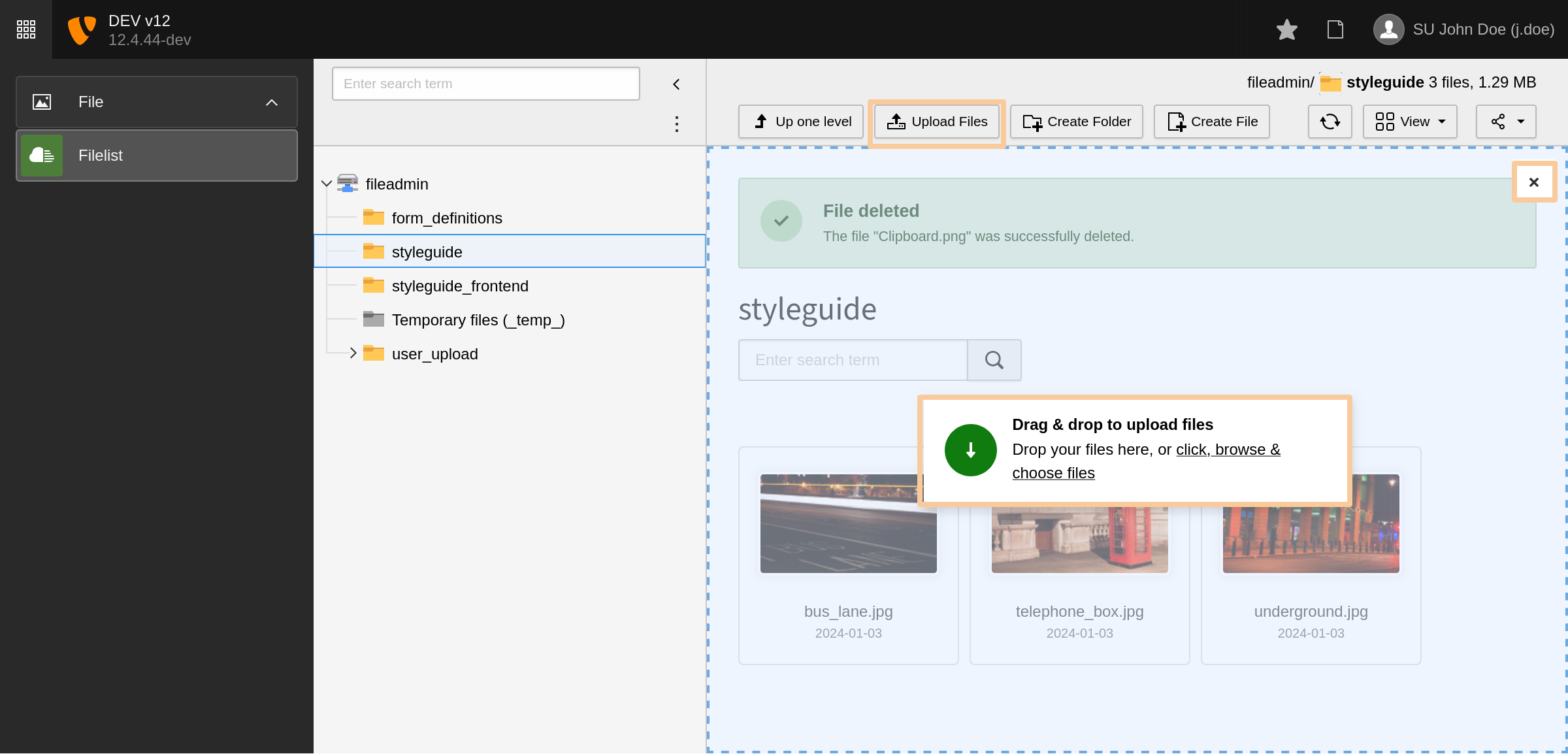 A section of TYPO3 Media Module open with a folder selected and upload initiated. The upload overlay offers an option to open a file dialog for selecting files from the local computer. Highlighted is the button to open the upload view and the close button to cancel the upload action.