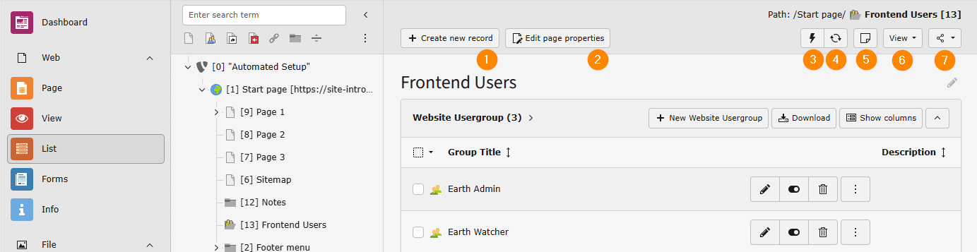 Screenshots of the List module in the TYPO3 backend, demonstrating the locations of the buttons mentioned below