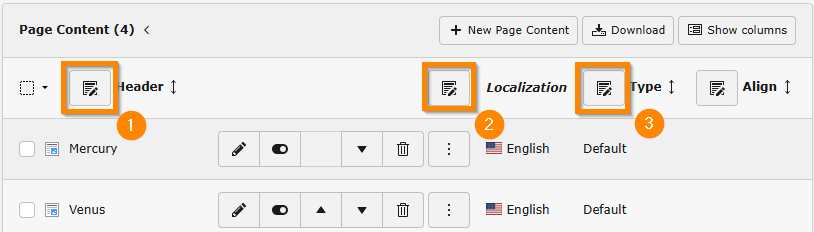 Screen shot of the mass edit mode in the list module, edit buttons above columns visible