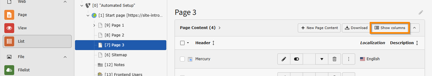 Screenshot demonstrating the location of the "Show Columns" Button in the TYPO3 List module
