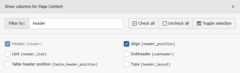 Screenshot of the "Show columns for Page Content" popup