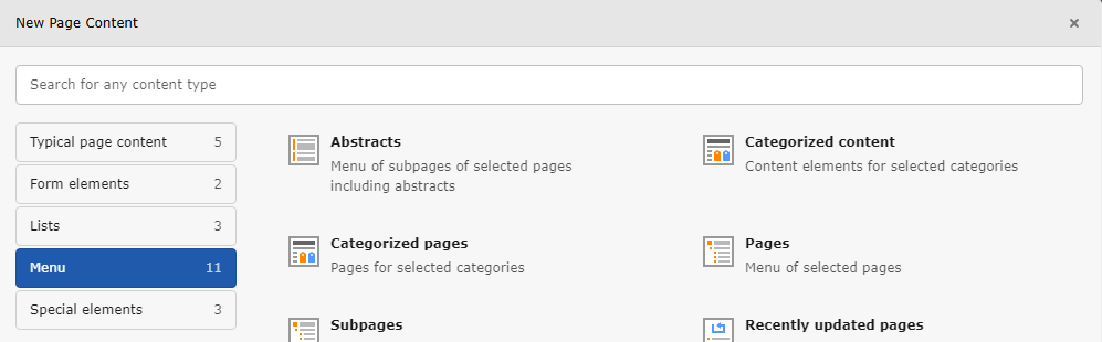 The 'Menu' tab of the new content element window