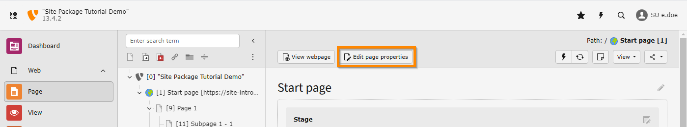 The "Edit page properties" button is located in the doc-header of the page module