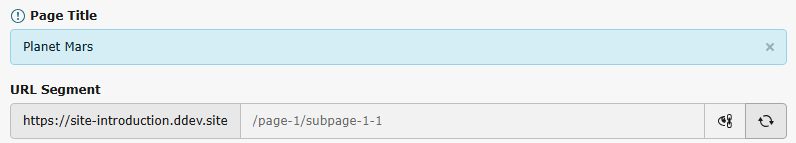 Location of the "Recalculate URL Segment" button at the end of the "URL Segment" field in the page properties