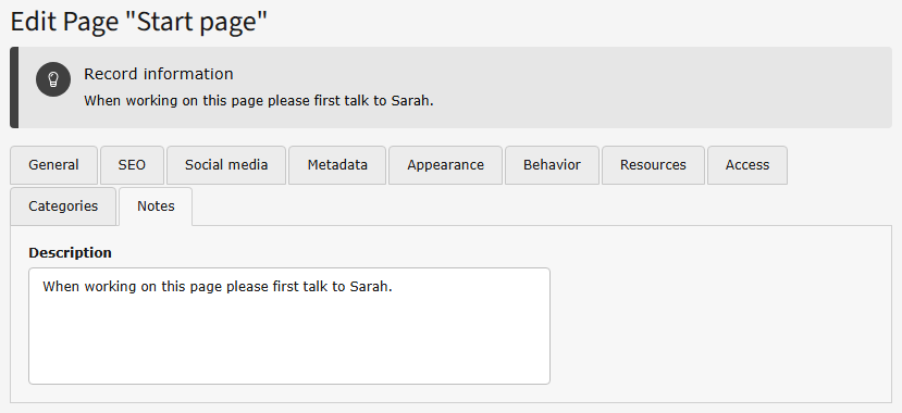 Screenshot demonstrating the location of the "Record information" at the top of the Page Properties