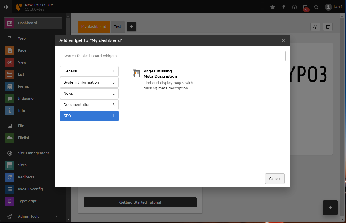 Screenshot of the backend, showing the widget "Pages missing Meta Description" in category "SEO"