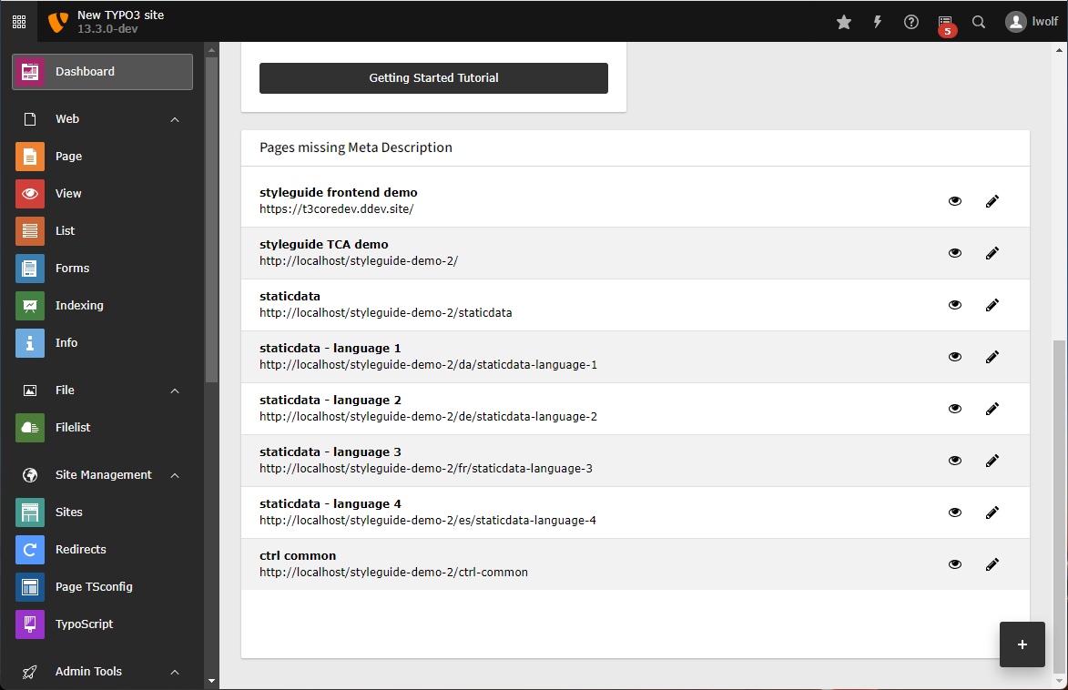 Screenshot a widget listing pages without description