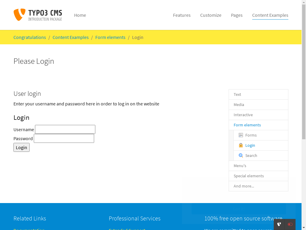 The page with the login box