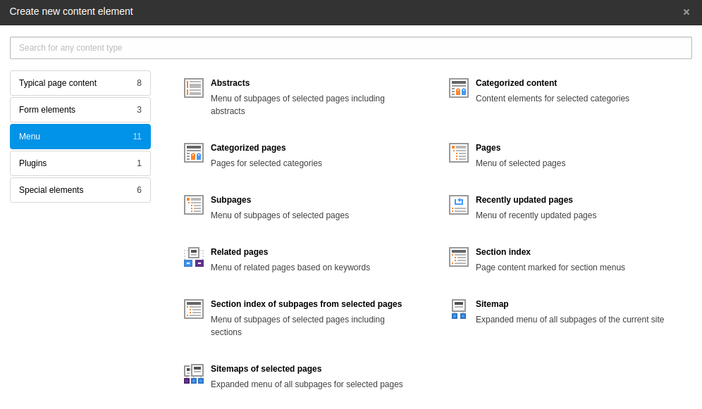 The 'Menu' tab of the new content element window