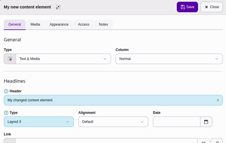 Content element edit form screenshot, demonstrating changed content which is highlighted