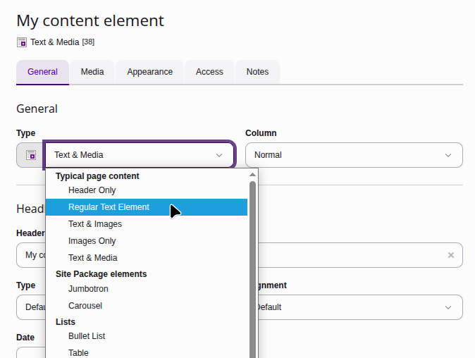 Edit form of a content element in the TYPO3 backend, demonstrating the location of the "Type" selector in tab General