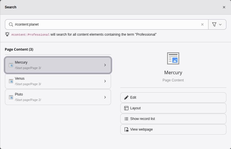 Using the live search to search for content elements