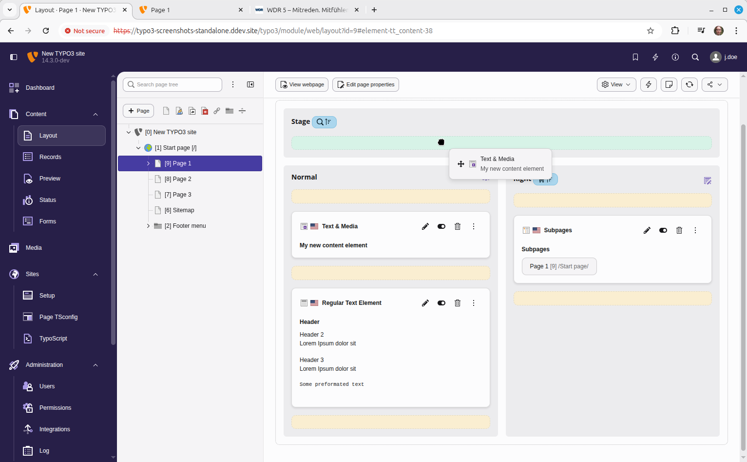 Screenshot of moving a content element via drag and drop in the TYPO3 backend