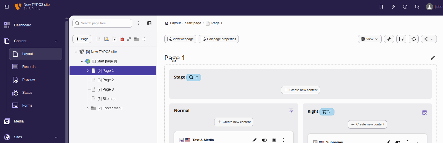 Screenshot demonstrating the page module and the page tree in the TYPO3 backend