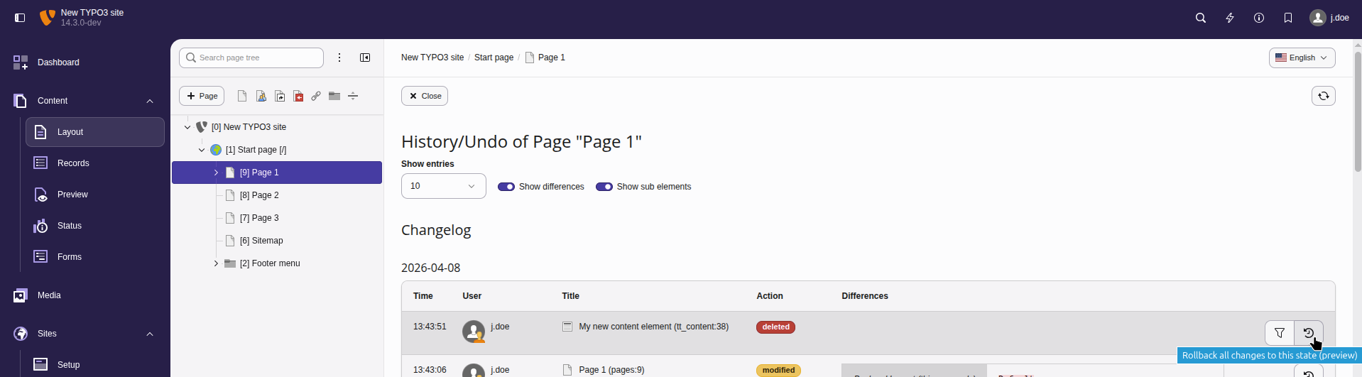 Screenshot of the page history in the TYPO3 backend