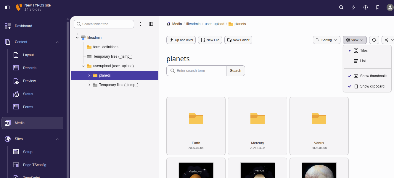 Screenshot of the "Media" backend module in TYPO3