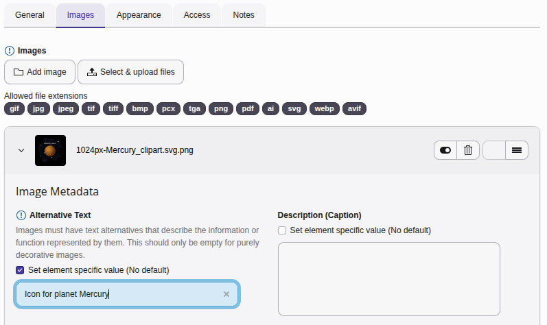 Screenshot of the meta data of an image in a "Text and Image" content element