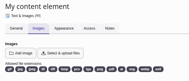 Screenshot of a "Text with Image" TYPO3 content element, tab "Images"