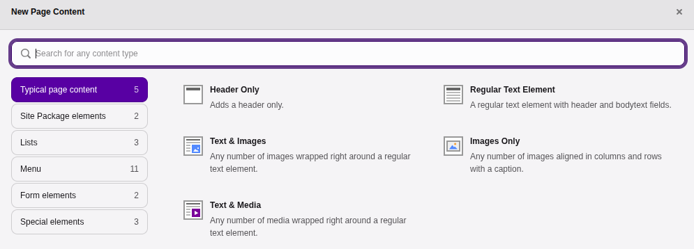 Screenshot of the "New Page Content" wizard as seen by an advanced TYPO3 editor, additionally including "Form elements", "Menus" and additional "Special elements"