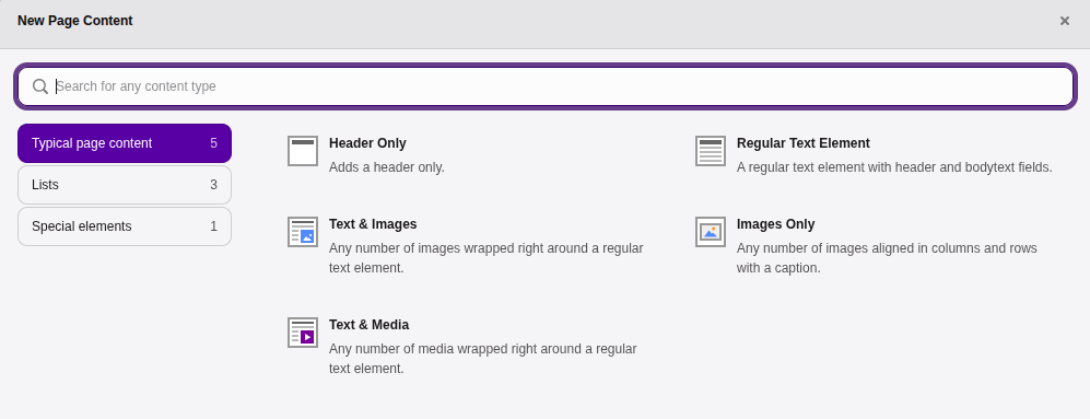 Screenshot of the "New Page Content" wizard as seen by a common TYPO3 editor, featuring "Typical Page Content", "Lists" and "Special elements"