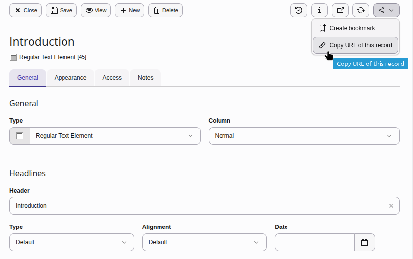 Creating a share link to a content element