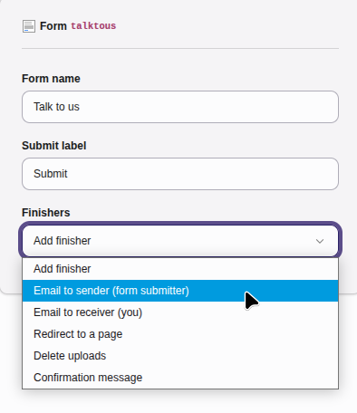 Add finishers to a form