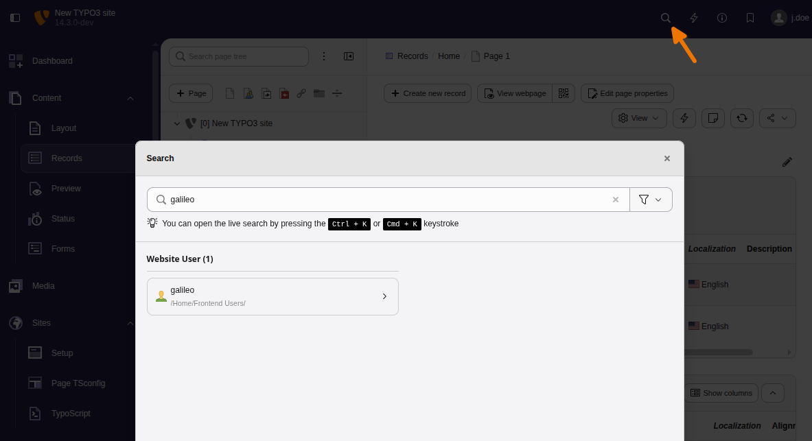 The backend search modal with some search results