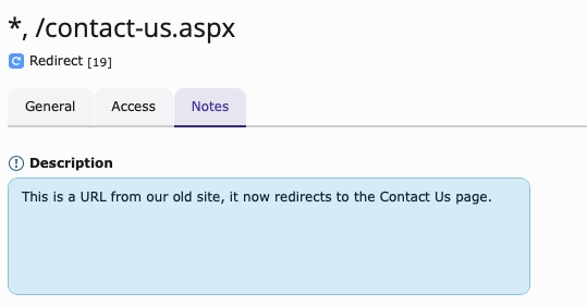 Screenshot of the Notes Tab found inside Add redirect.