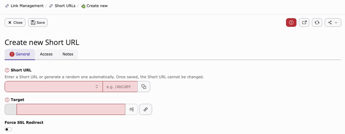 Screenshot of the General Tab found inside Add Short URL.