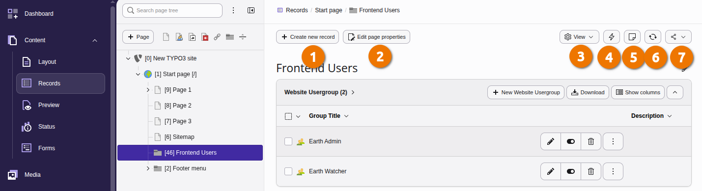 Screenshots of the Content Record module in the TYPO3 backend, demonstrating the locations of the buttons mentioned below