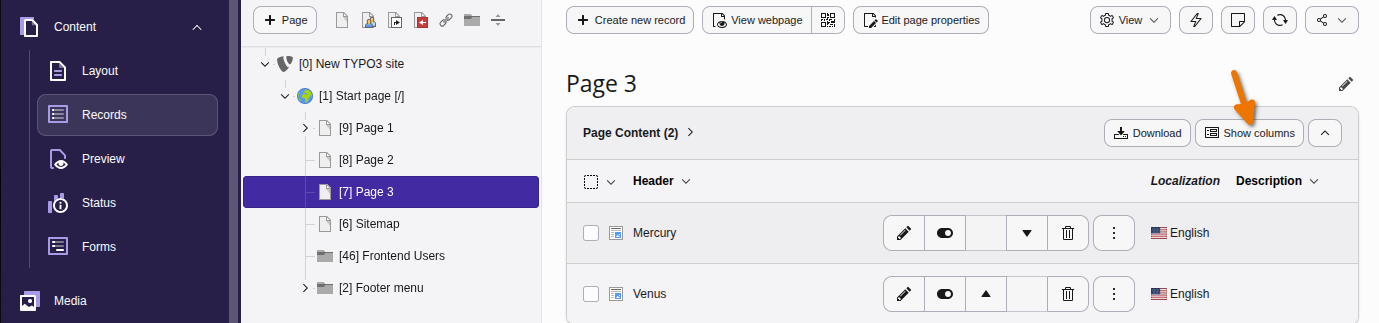 Screenshot demonstrating the location of the "Show Columns" Button in the Content Record module