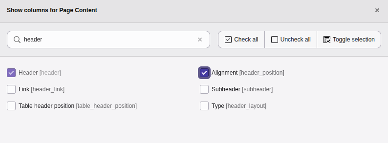 Screenshot of the "Show columns for Page Content" popup