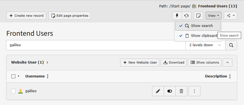 Screenshot of the Content Record module with the search box visible