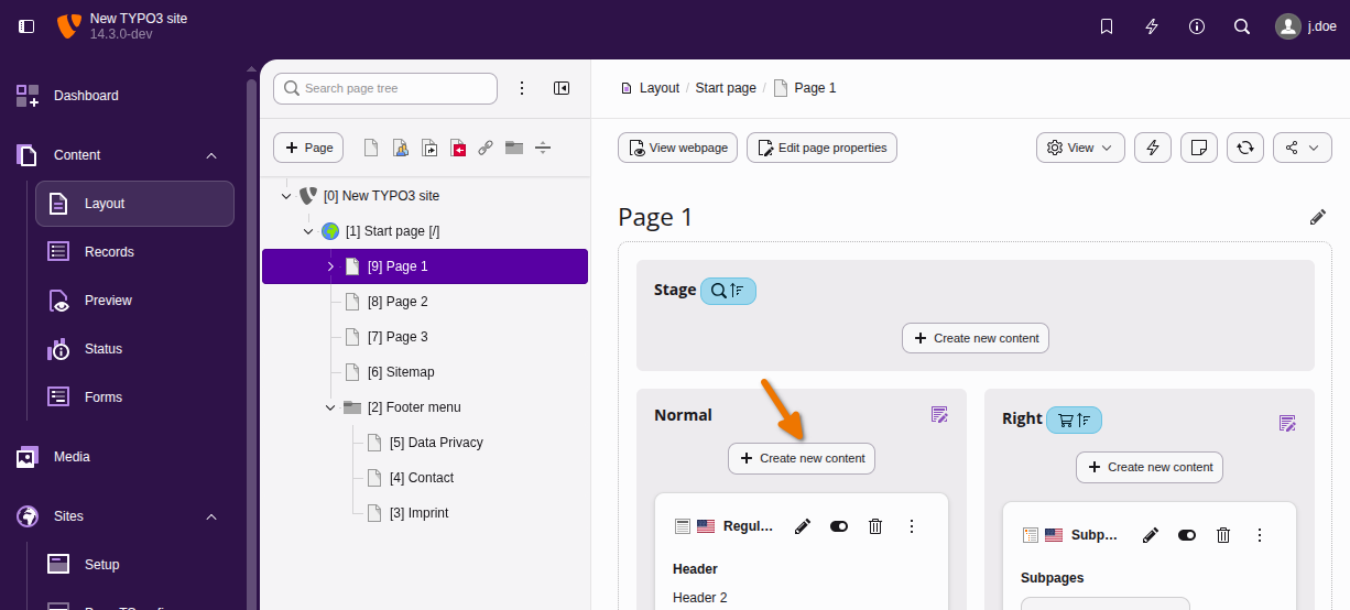 "Create new content button" in the Content Layout module, column "Normal"