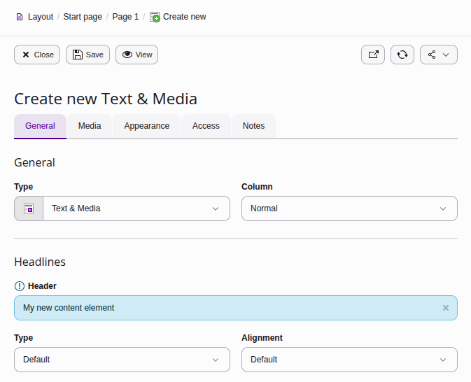 Create new Page Content on page "Page 1" form screenshot