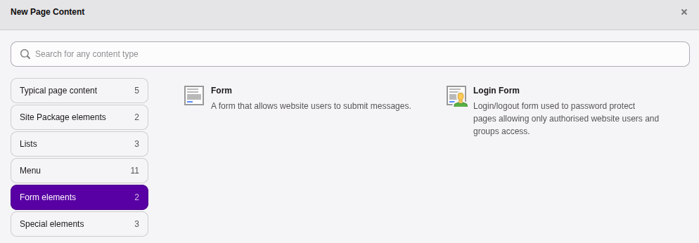 Tab "Form elements" with "Form" and "Login Form"