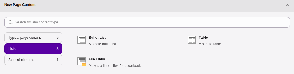The 'List' tab contains content elements like "Bullet List", "Table" and "File Links"