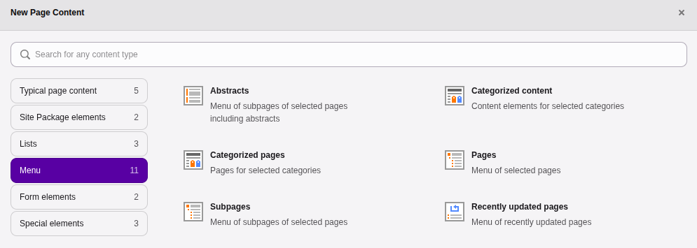 The 'Menu' tab of the new content element window